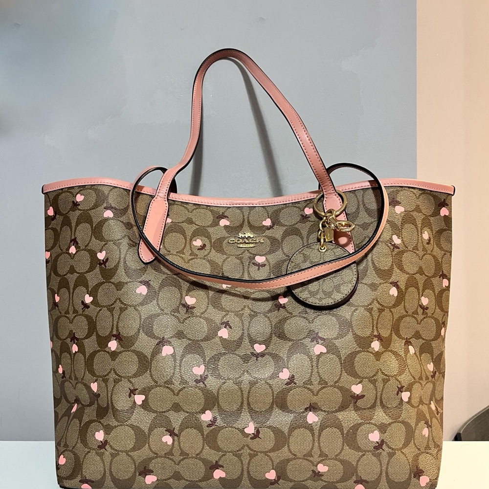 Coach Signature Brown and Pink Heart City Tote Bag